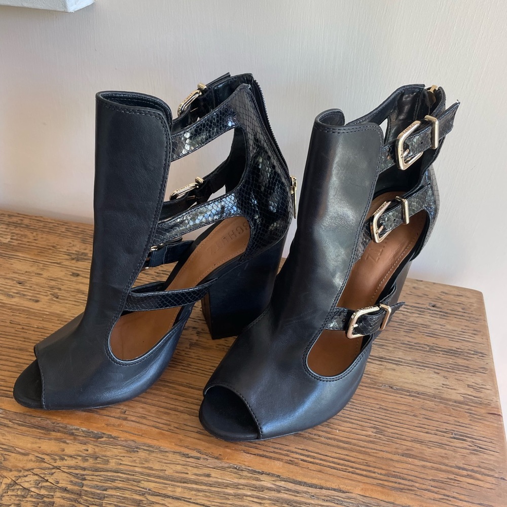 Schutz leather block heel peep toe cut out boots Size 10 B